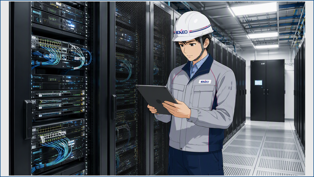 データセンターでネットワーク施工の作業に従事する男性